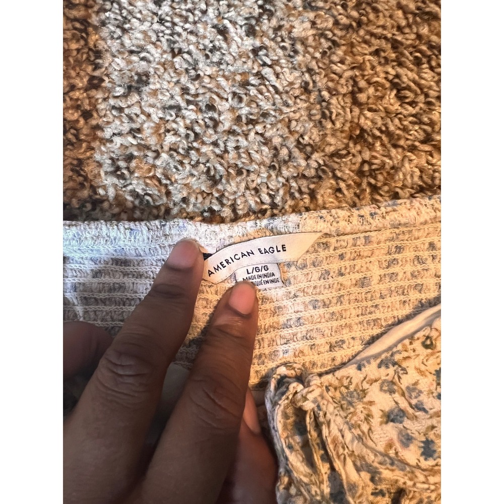 American Eagle Floral Crop Top Smocked Tie Front Puff Sleeve L - Picture 2 of 5